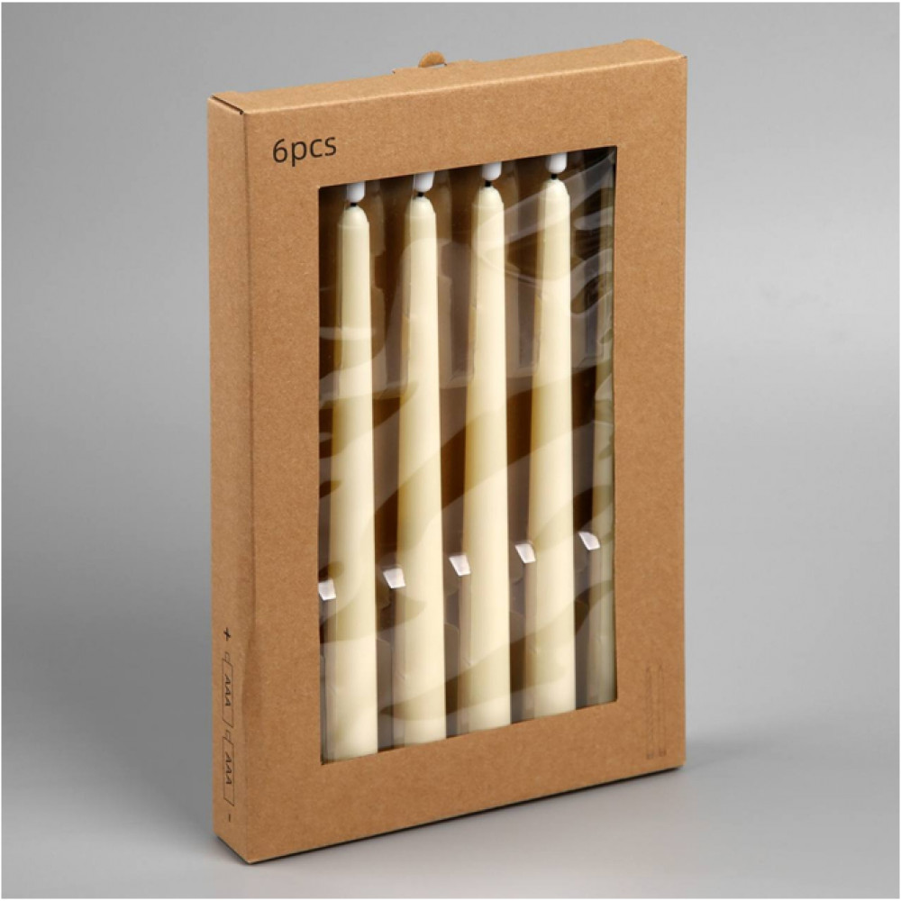 Դեկորատիվ մոմ 6-ոց տուփով 2սմ*25սմ-ոց պլ․ էլ-մարտկոցով սնուցմամբ լեդ դեղին գունդ գլխիկով լույս