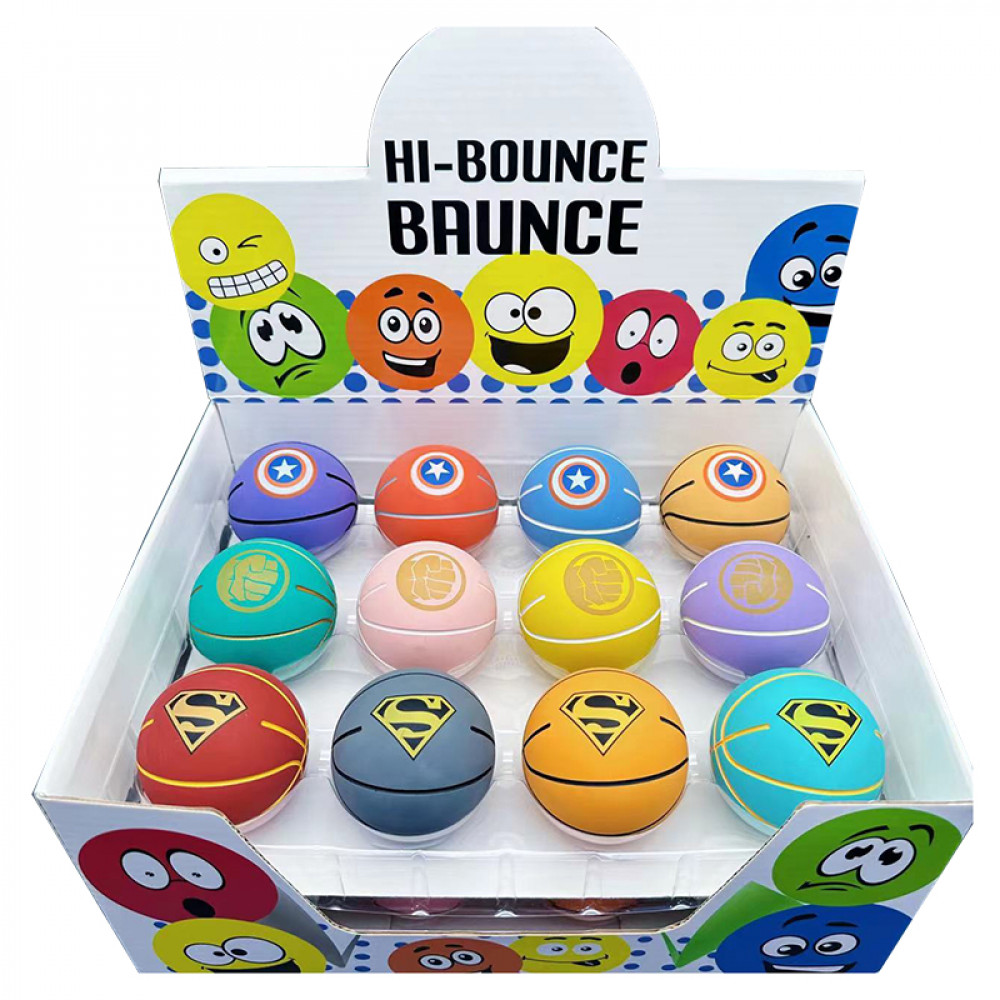 Խաղային գնդակ 12հ-ոց տուփով 3ոճի 6սմ-ոց գունավոր բարձր ցատկող գնդակ, տպագրված