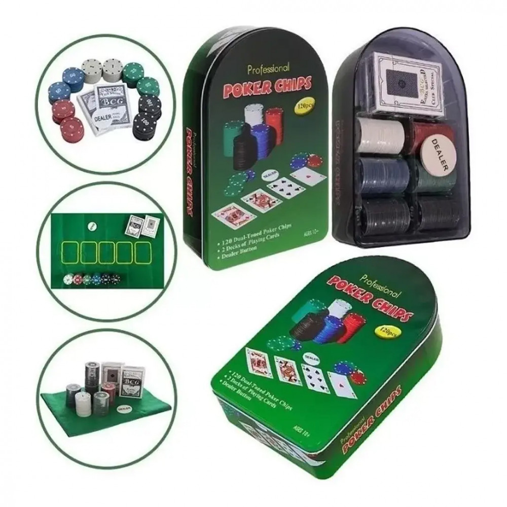 Սեղանի խաղ պոկեր իր խաղակարթերով և 120հ-ոց ֆիշկաներով, մետաղե տուփով