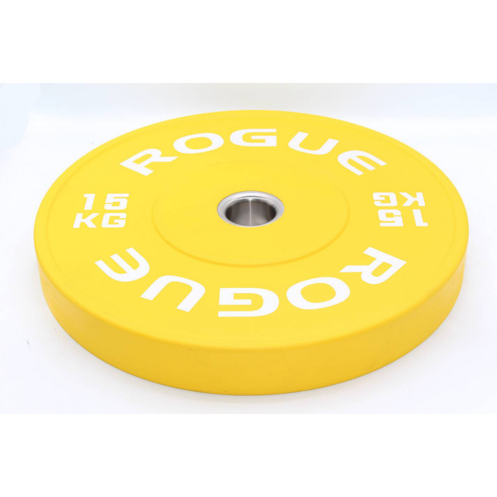 Մարմնամարզական ծանրաքար ռետինապատ գունավոր ROGUE 15կգ-ոց քաշով, շայբա օղակ