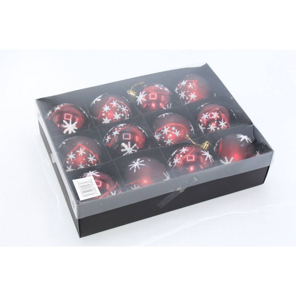 Տոնածառի խաղալիք8սմ-ոց 12հ-ոց սև տուփով, մուգ կարմիր գույն 3երանգի + նախշեր