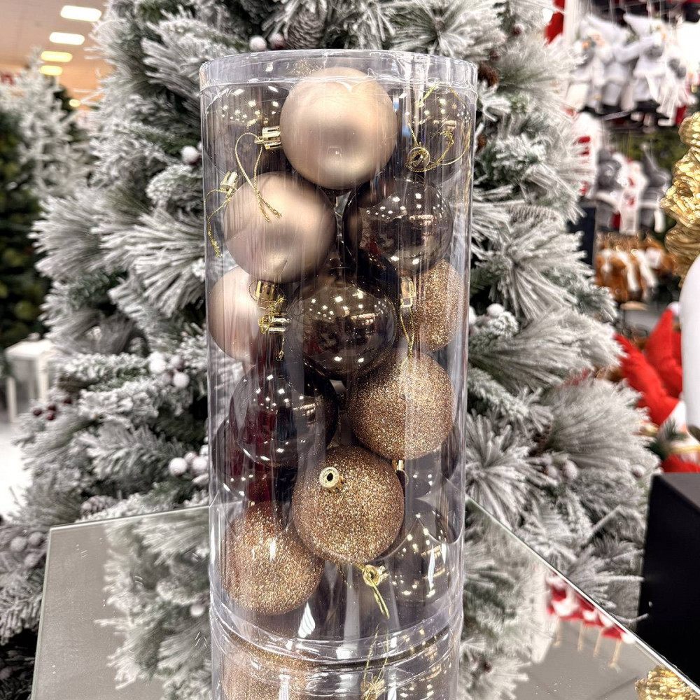 Սուրբ Ծննդյան տոնածառի զարդ գնդիկներ 24հ-ոց 6սմ-ոց,տուփում երեք երանգ,շամպայն+սուրճ