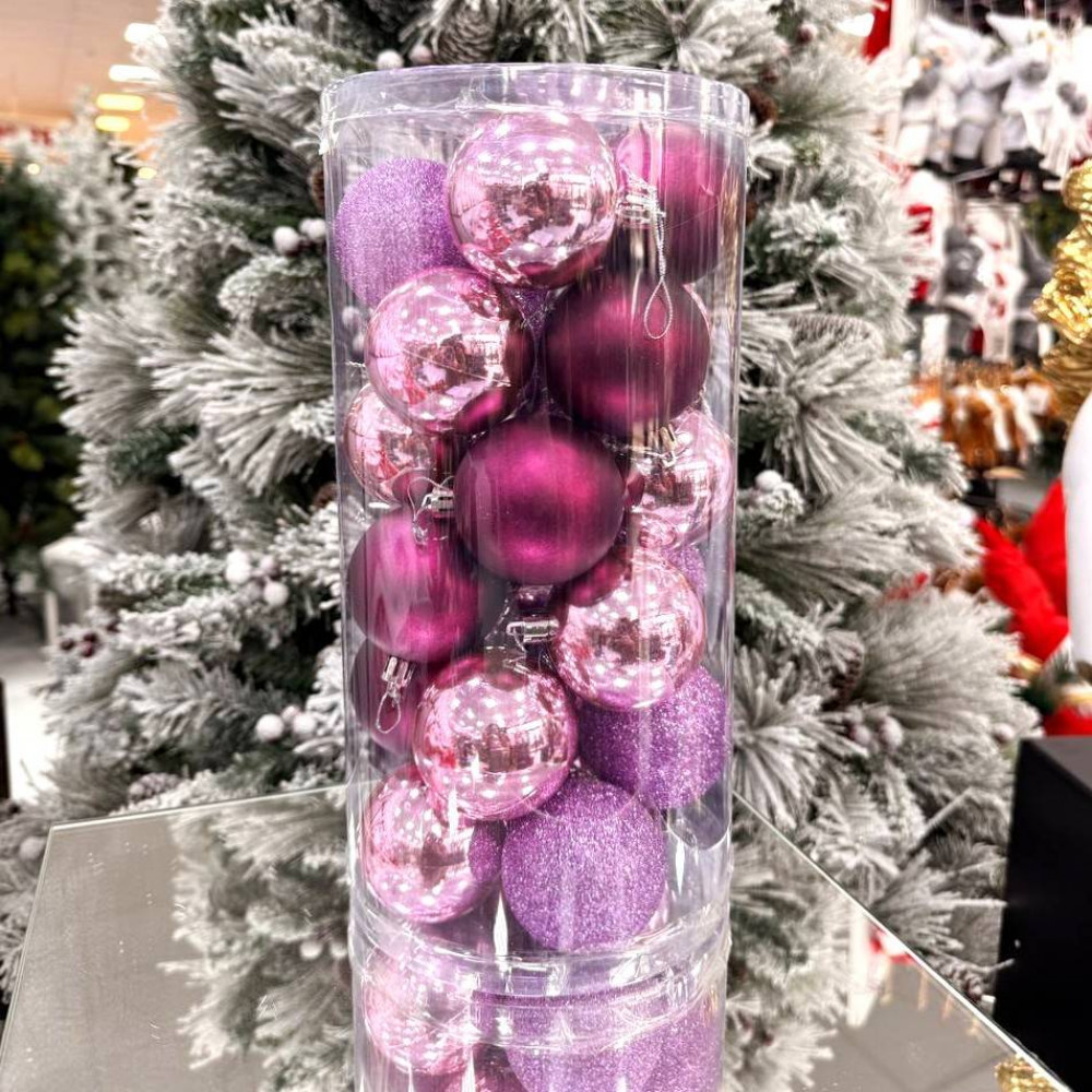 Սուրբ Ծննդյան տոնածառի զարդ գնդիկներ 24հ-ոց 8սմ-ոց, տուփում երեք երանգ, վարդագույն