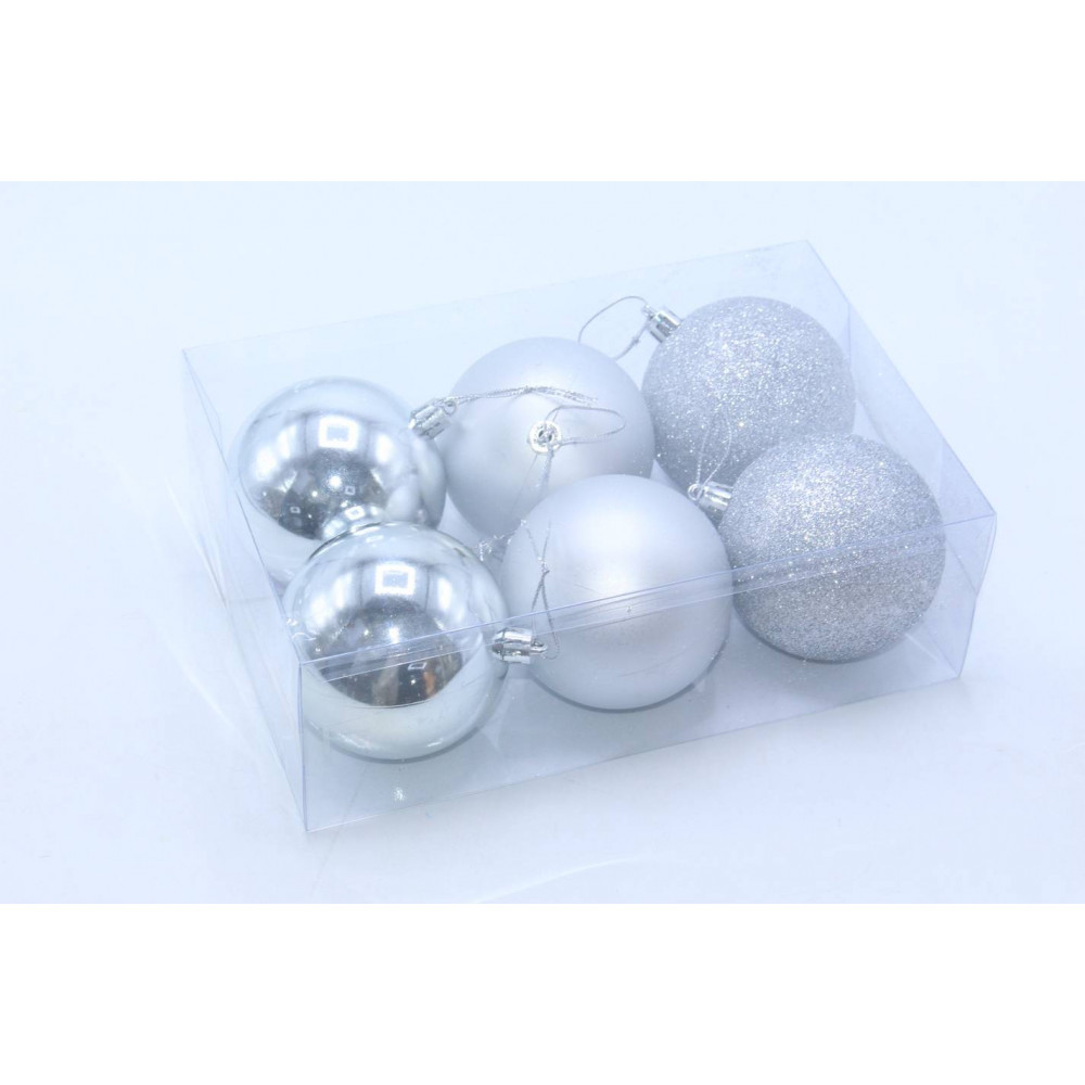 Տոնածառի խաղալիք12սմ-ոց 6հ-ոց արծաթե գույն 3երանգ PVC թափանցիկ տուփով