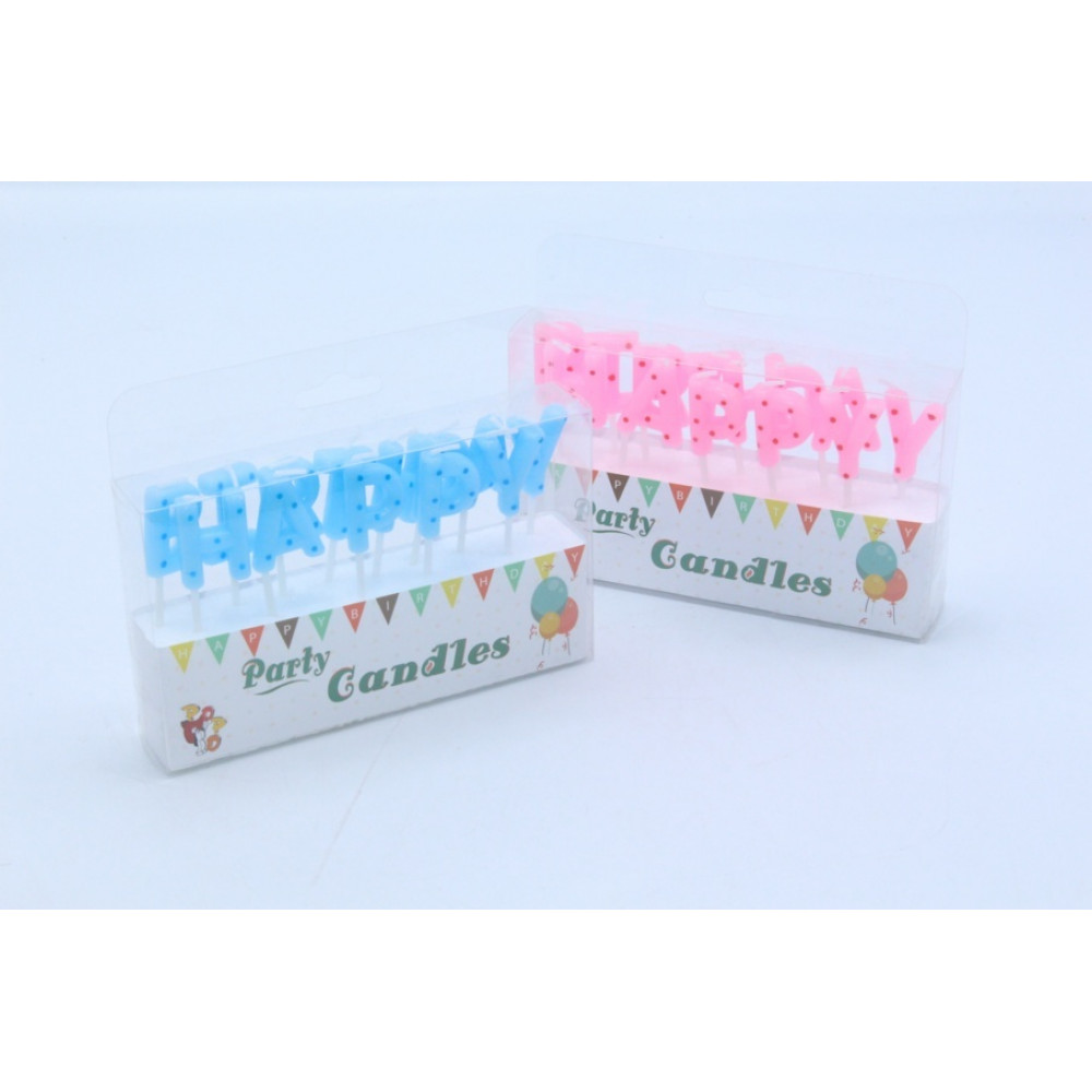 Մոմ ծննդյան Happy Birthday վարդագույն և կապույտ տառերով