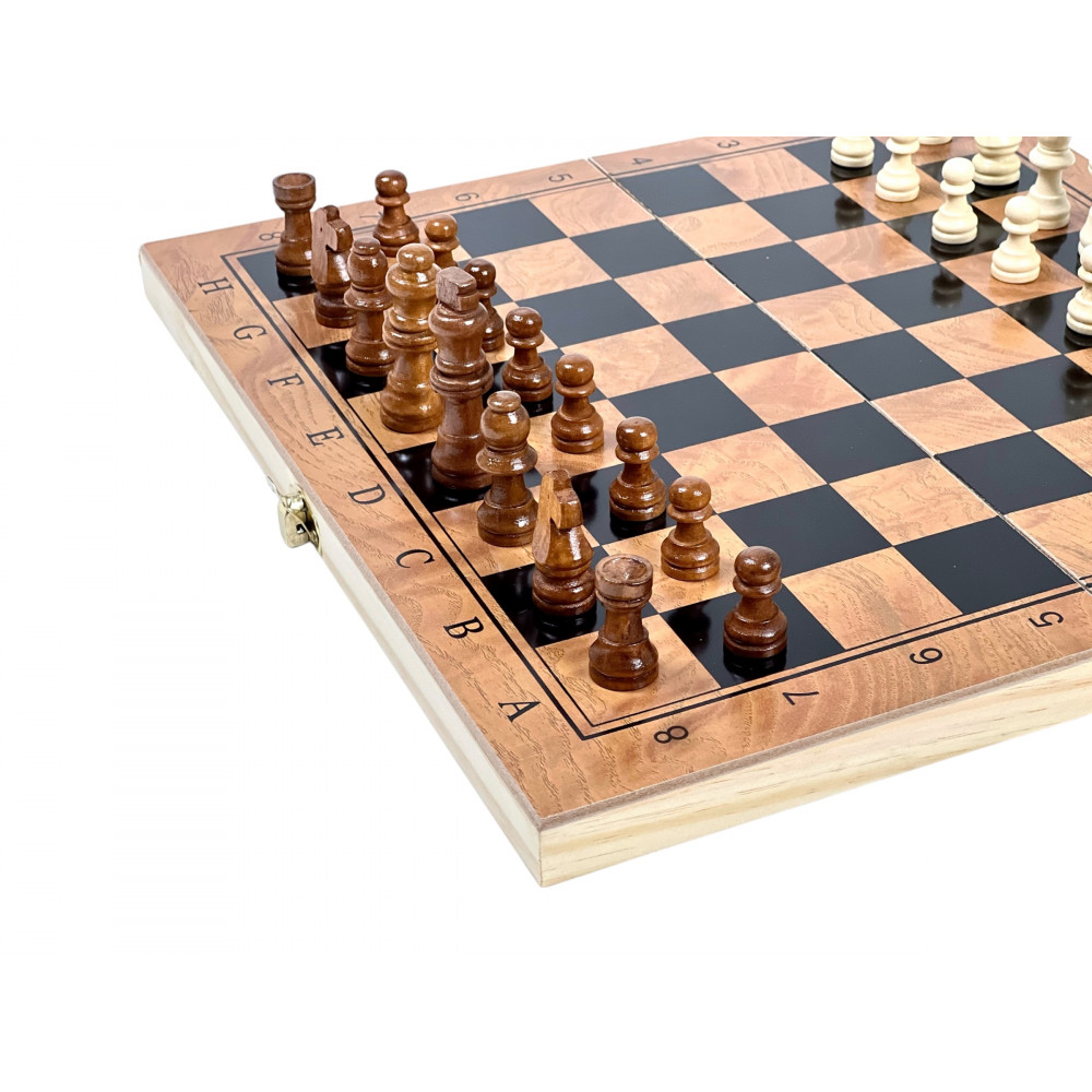 Խաղ շախմատ փայտե 24սմ-ոց, փայտե խաղաքարերով, 3-ը 1-ում