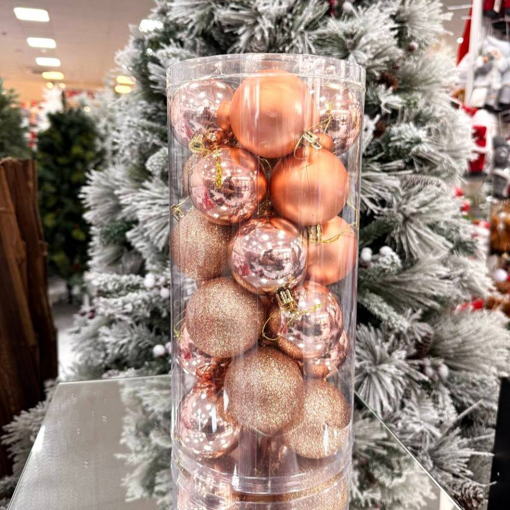 Սուրբ Ծննդյան տոնածառի զարդ գնդիկներ 24հ-ոց 8սմ-ոց, տուփում երեք երանգ,վարդագույն ոսկի