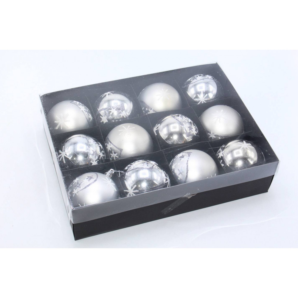 Տոնածառի խաղալիք8սմ-ոց 12հ-ոց սև տուփով, արծաթե գույն 3երանգի + նախշեր