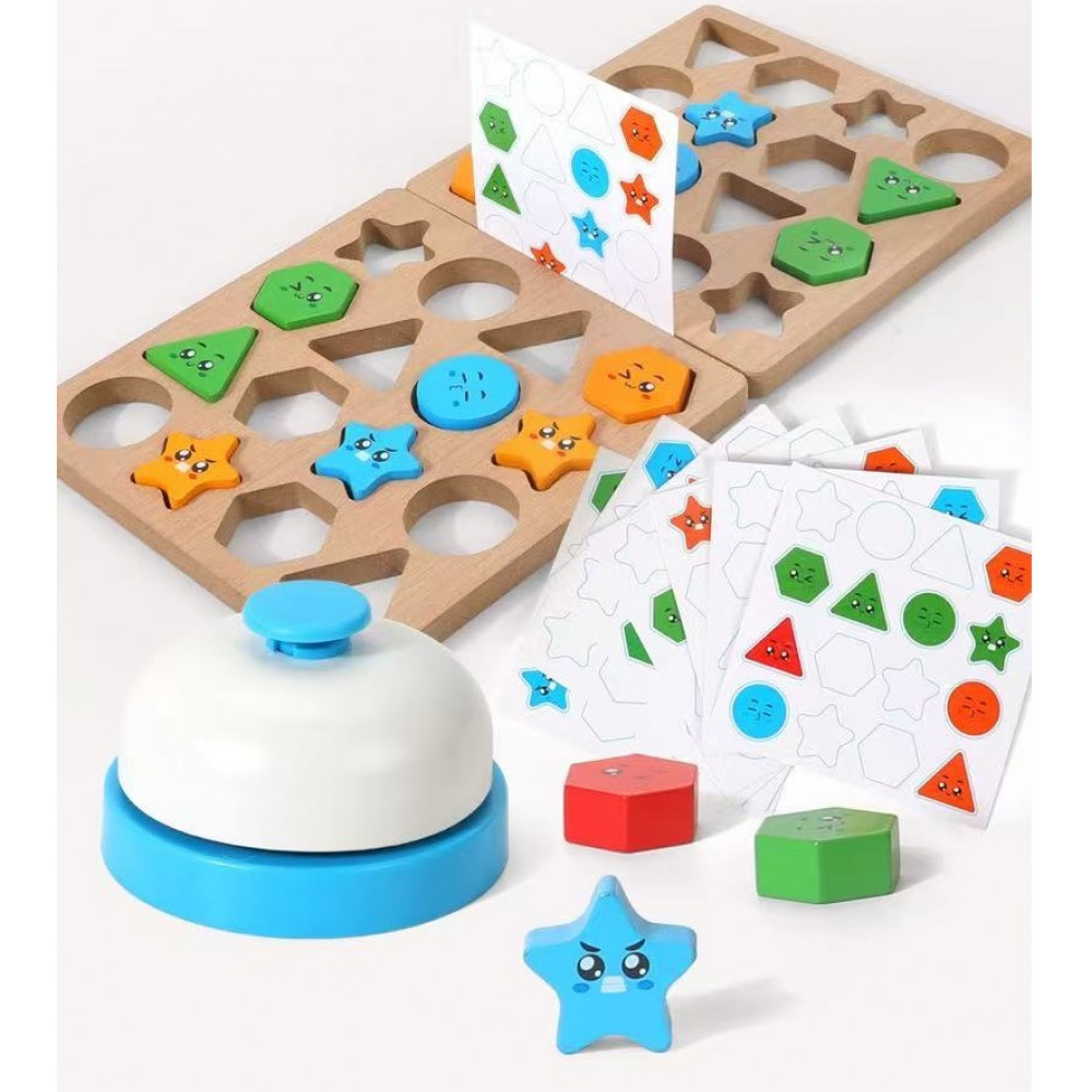 Խաղալիք փայտե խաղ երկրաչափական խորանարդիկների վերադասավորում խաղակարթով + զանգ JHTOY-436