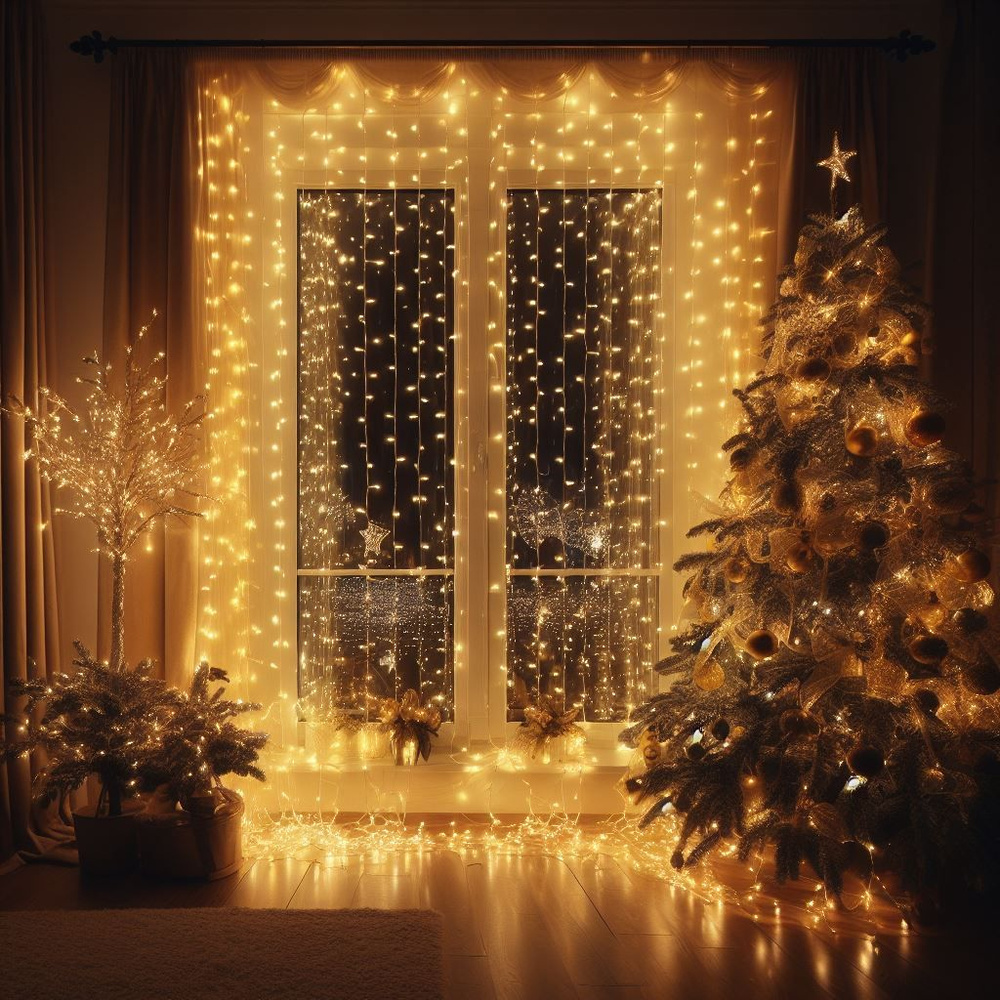 Լույս ամանորյա 2,5մ*7մ 2500 լամպ LED,սև լար, դեղին երանգ