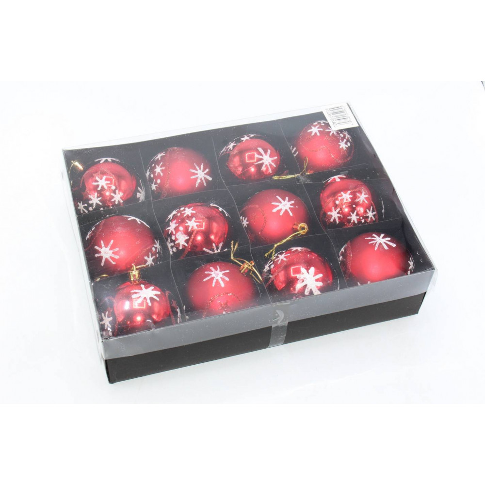 Տոնածառի խաղալիք8սմ-ոց 12հ-ոց սև տուփով, կարմիր գույն 3երանգի + նախշեր