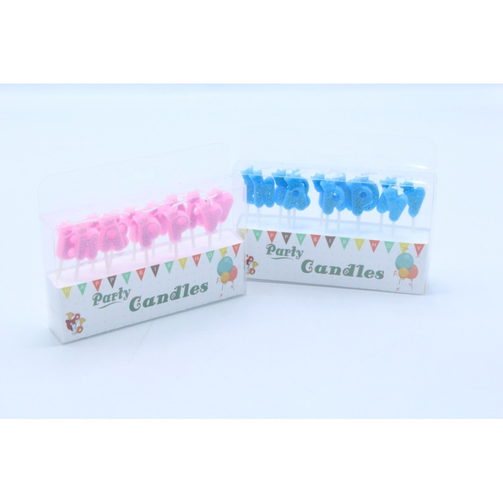 Մոմ ծննդյան Happy Birthday վարդագույն և կապույտ տառերով, թագով