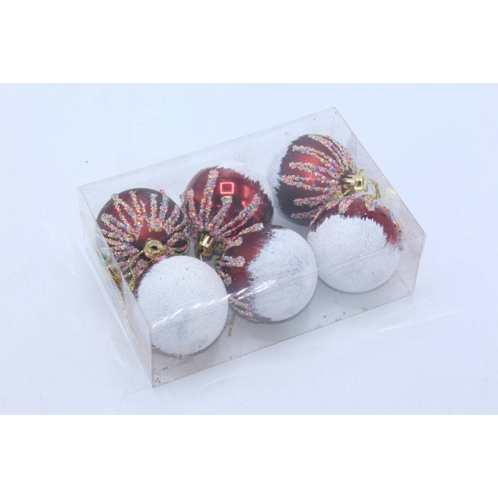 Տոնածառի խաղալիք6սմոց 6հ-ոց մուգ կարմիր գույն փայլային նախշե երանգ թափանցիկ տուփով LR6006-62-5