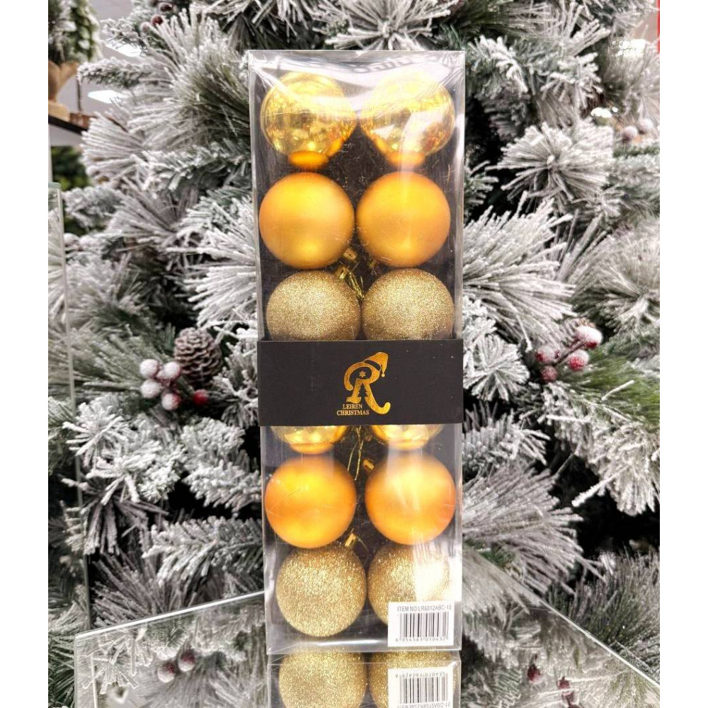 Սուրբ Ծննդյան տոնածառի զարդ գնդիկներ 12հ-ոց 6սմ-ոց, տուփում երեք երանգ, ոսկեգույն