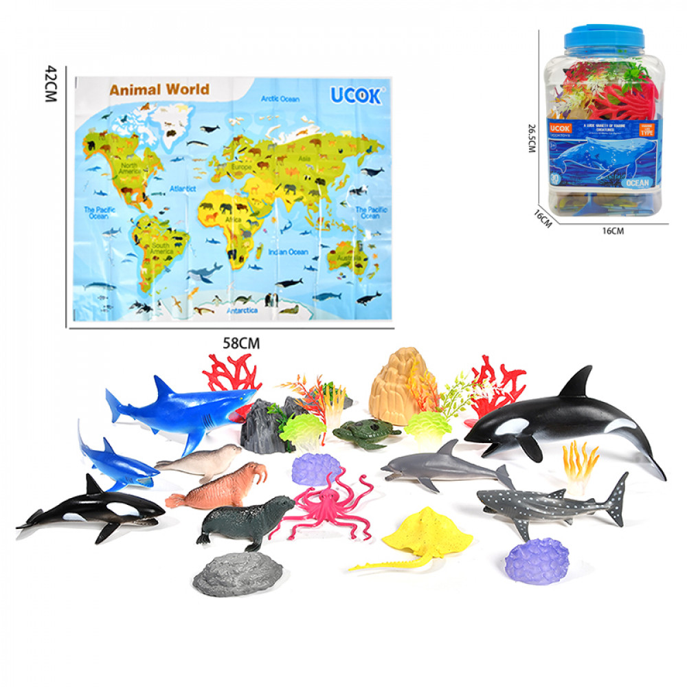 Ծովային կենդանիների հավաքածու իր խաղաքրտեզով 30-կտոր, պլաստիկե դույլով մեծ