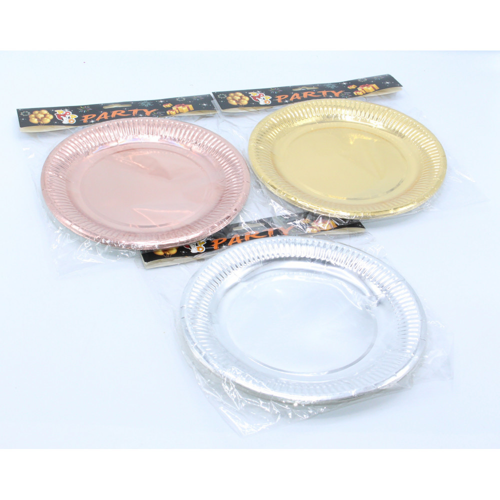 Թղթե ափսե 9"-ոց 10հ-ոց փաթեթավորմամբ փայլուն երեք երանգ, ոսկի, արծաթ և ռոզգոլդ