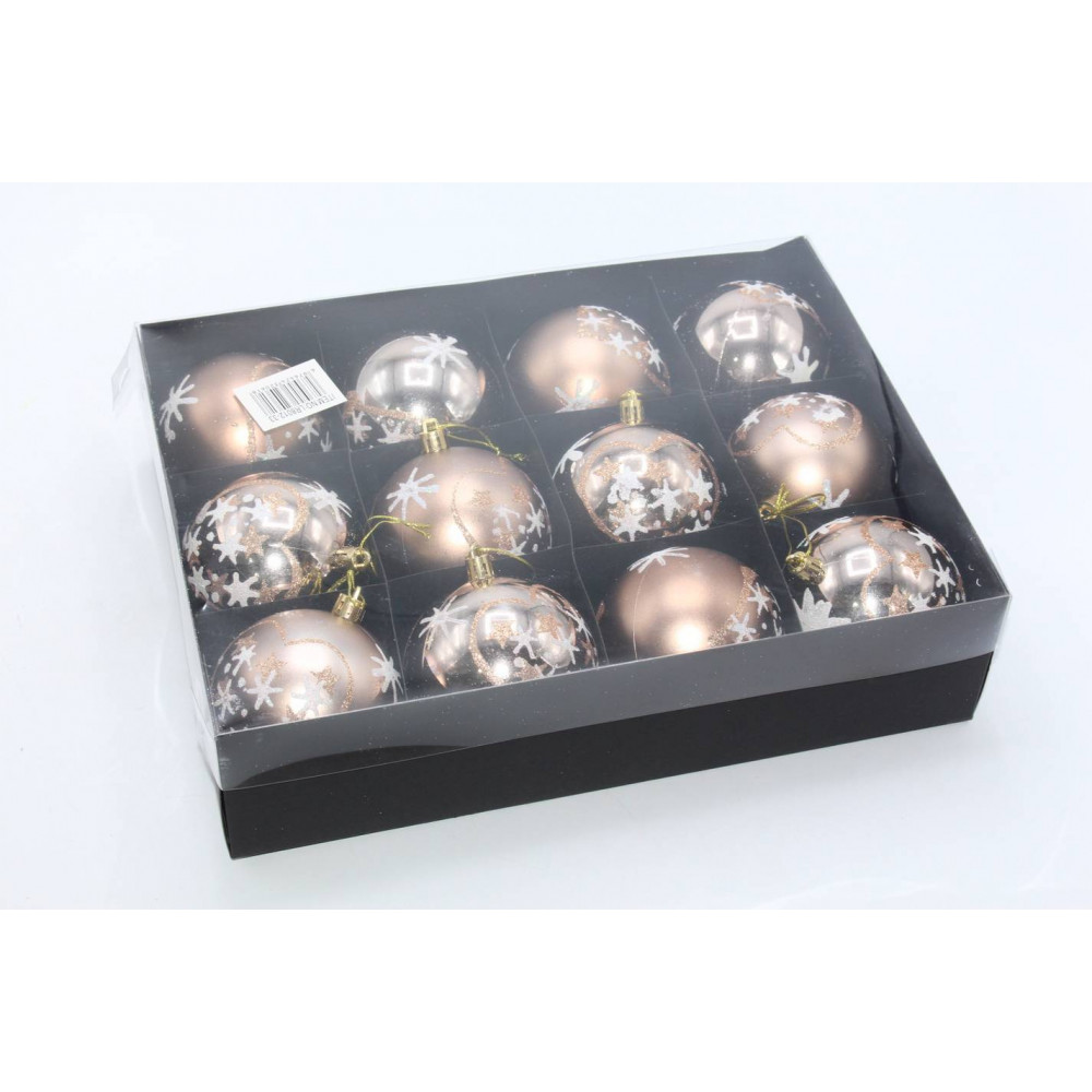 Տոնածառի խաղալիք8սմ-ոց 12հ-ոց սև տուփով, շամպայնի գույն 3երանգի + նախշեր