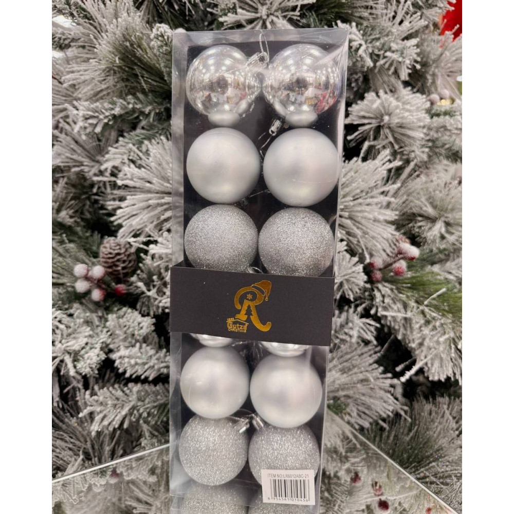 Սուրբ Ծննդյան տոնածառի զարդ գնդիկներ 12հ-ոց 6սմ-ոց, տուփում երեք երանգ, արծաթափայլ