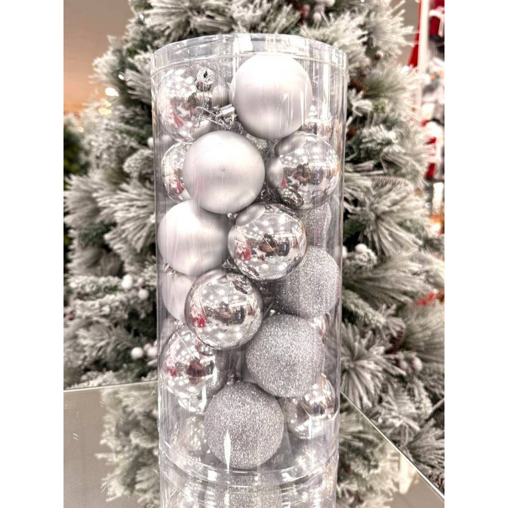 Սուրբ Ծննդյան տոնածառի զարդ գնդիկներ 24հ-ոց 6սմ-ոց, տուփում երեք երանգ, արծաթափայլ