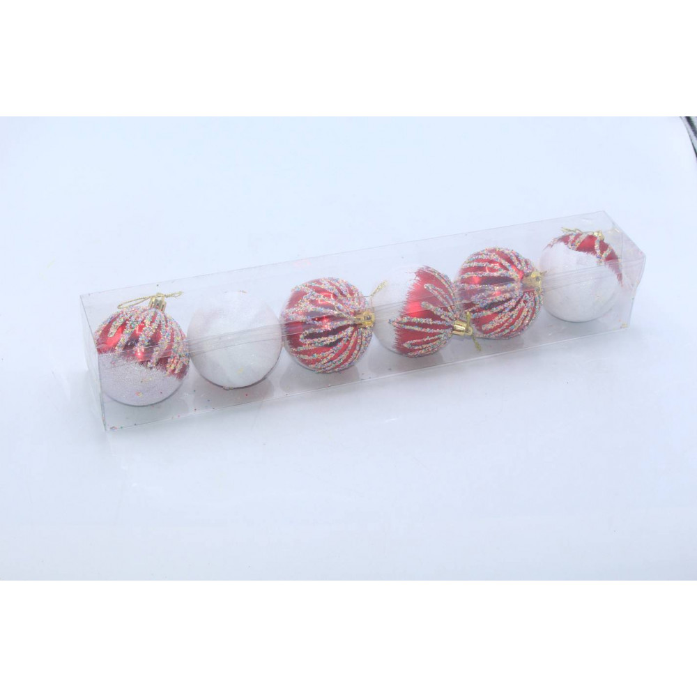 Տոնածառի խաղալիք7սմ-ոց 6հ-ոց կարմիր գույն փայլային նախշե երանգ PVC թափանցիկ տուփով LR7006-62-4