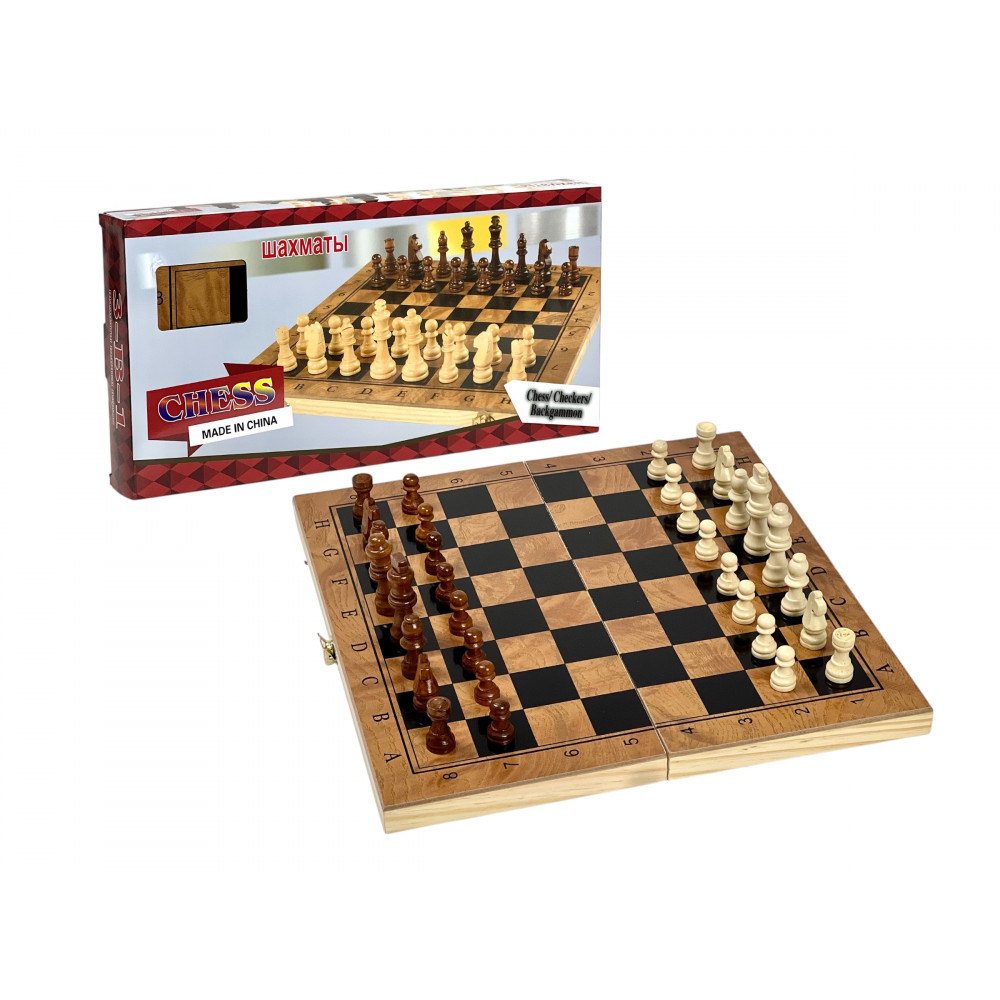Խաղ շախմատ փայտե 24սմ-ոց, փայտե խաղաքարերով, 3-ը 1-ում