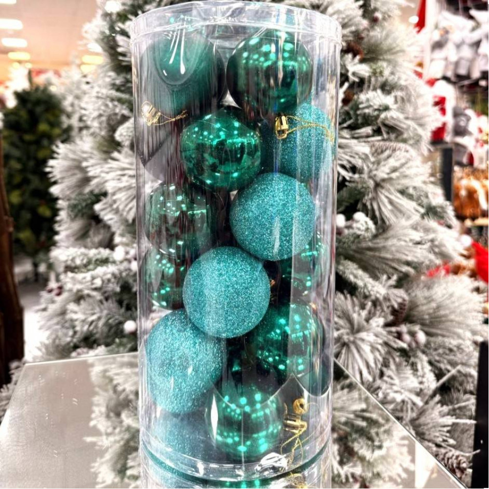 Սուրբ Ծննդյան տոնածառի զարդ գնդիկներ 24հ-ոց 6սմ-ոց, տուփում երեք երանգ,սիրամարգի կանաչ