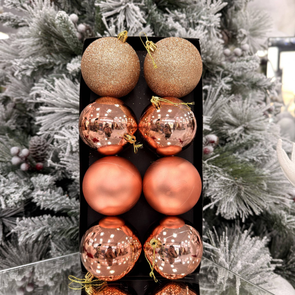 Տոնածառի խաղալիքներ 8հ-ոց 8սմ-ոց, տուփում երեք երանգ, վարդագույն ոսկի