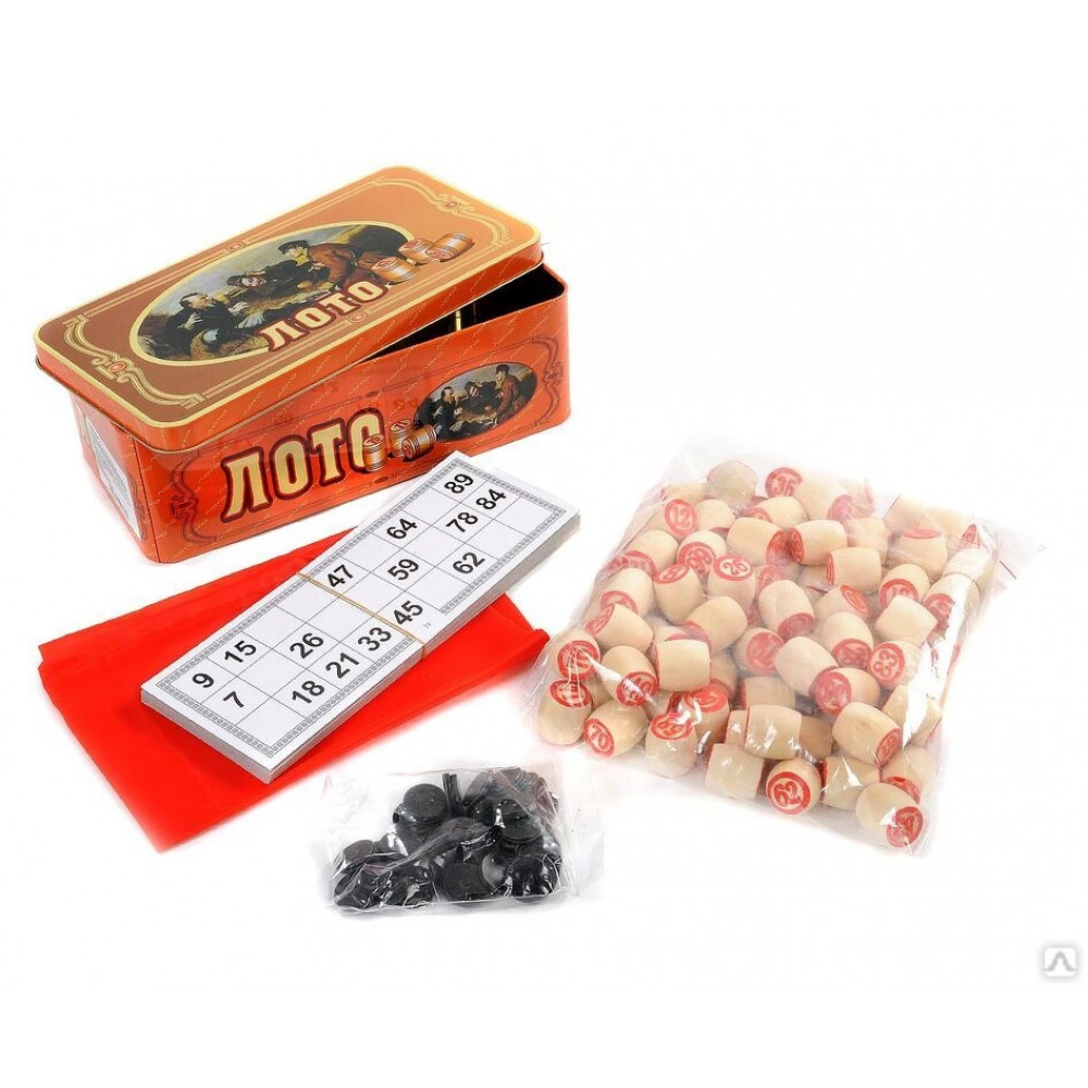 Խաղ լոտո իր խաղակարթերով, մետաղե տուփով