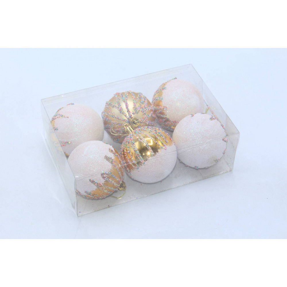 Տոնածառի խաղալիք7սմ-ոց 6հ-ոց ոսկե գույն փայլային նախշե երանգ PVC թափանցիկ տուփով LR7006-62-16