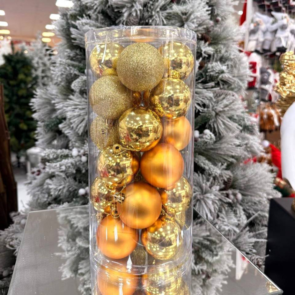 Սուրբ Ծննդյան տոնածառի զարդ գնդիկներ 24հ-ոց 8սմ-ոց, տուփում երեք երանգ, ոսկեգույն