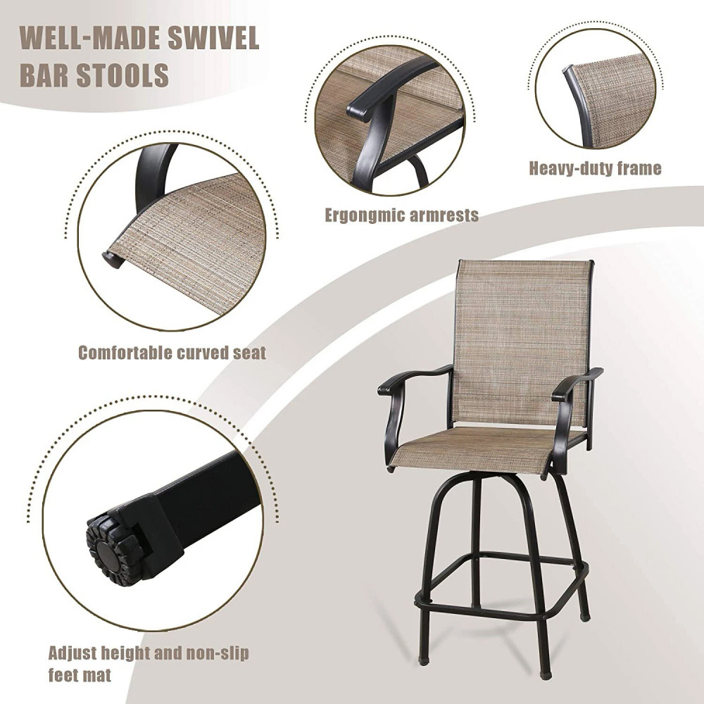 Պարտեզային բար սեղան 80*80*1մ փայտե մակերեսով իր երկու պտտվող բար աթոռներով, մետաղե հիմքով